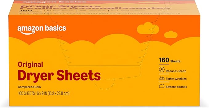 Amazon Basics Dryer Sheets Laundry Fabric Softener, Original Scent, Reduces Static, Fights Wrinkles, 160 Count