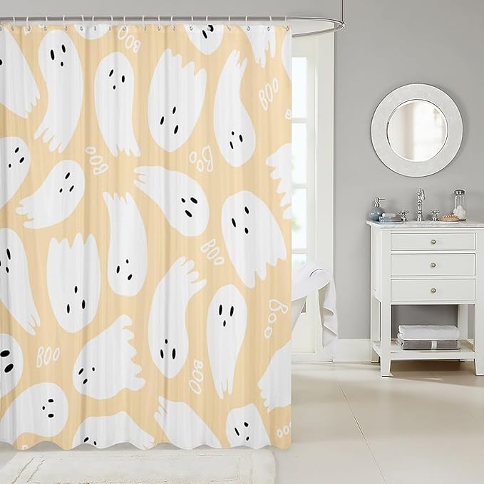 Happy Halloween Theme Shower Curtains,Yellow Cartoon Style Bath Curtain,Cute Ghost Cloth Fabric Bathroom Decor Set with Hooks,78" Long