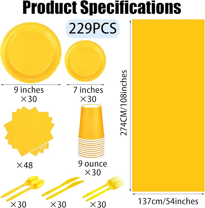 229PCS Yellow Party Supplies Set Paper Disposable Plates Cups Plastic Spoons Forks Knives Yellow Napkins for 30 Guests Disposable Party Dinnerware Sets for Wedding Birthday Parties