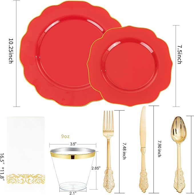 NOCCUR 175PCS Red Plastic Plates with Gold Disposable Silverware - Include 50 Red Gold Plastic Plates,25 Knives,25 Forks,25 Spoons,25 Cups and 25 Napkins - Ideal for Party/Independence Day/Wedding