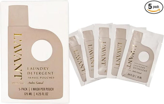 L'AVANT Collective Luxury Travel Laundry Detergent | Ambre Santal | Non-Toxic Concentrated Liquid Laundry Soap Packets | Plant-Based, HE Compatible, Travel Size, Gym, Camping & Rentals | Set of 5