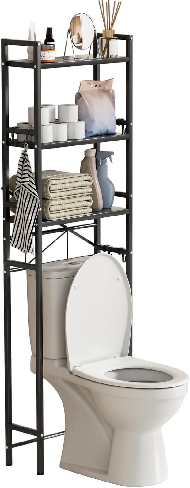 Over The Toilet Shelf, 3-Tier Adjustable Freestanding Metal Bathroom Organizer Shelves with Hooks,Space-Saving for Narrow Small Bathroom,18.9" Wx7.9 D x65 H