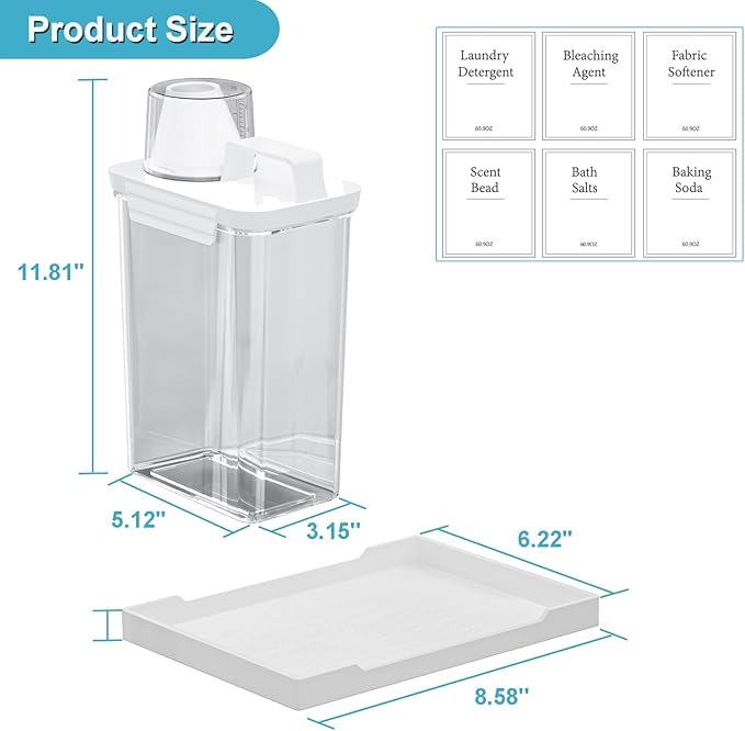 77.8OZ Laundry Detergent Dispenser Container, 2 Pack Liquid Laundry Dispenser, Plastic Detergent Dispensers for Laundry Room/Powder/Fabric Softener with Labels/Tray, Clear