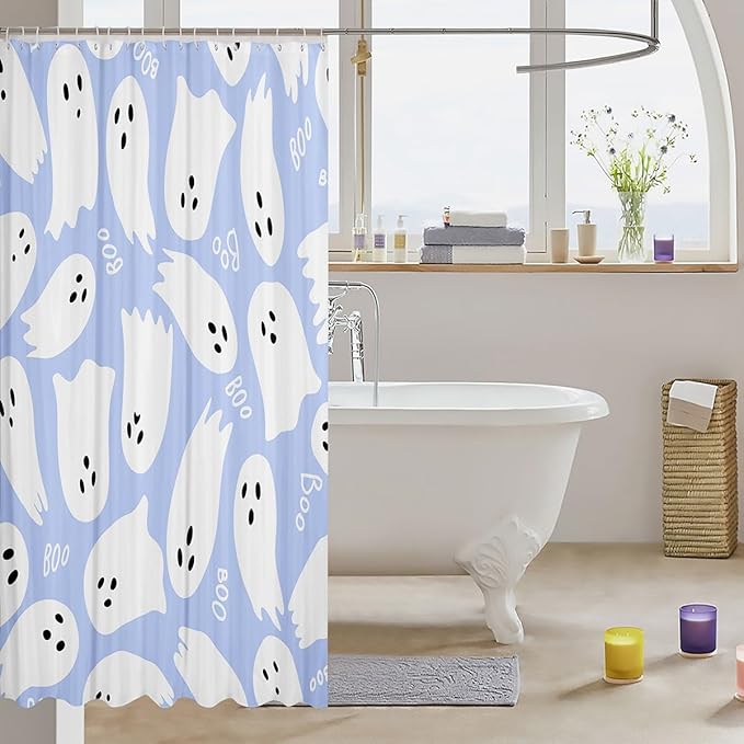 Watercolor Taro Purple Paint Print Shower Curtain with Hooks,Happy Halloween Room Decor Bath Curtain,Kids Skull Ghost Bathroom Accessories Waterproof Panel,72x 78 Inches