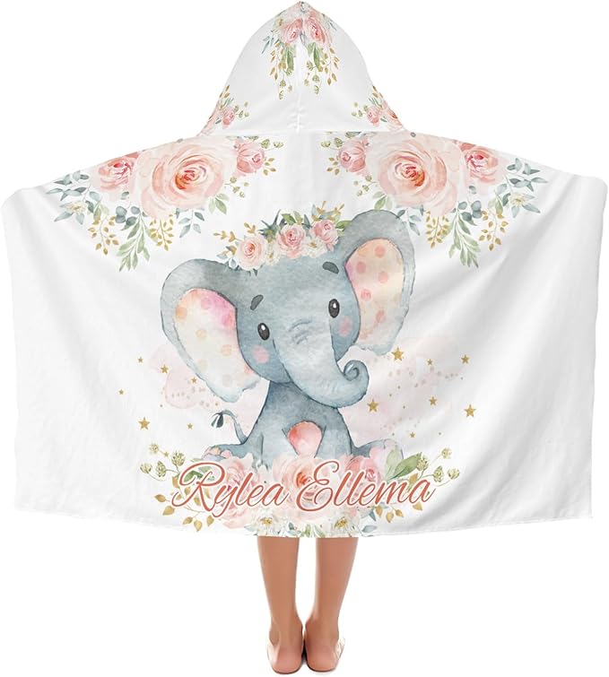 Girl Elephant Floral Personalized Kids Hooded Towel with Name Soft Absorbent Beach Pool Bath Towels Hood Poncho for Boys Girls