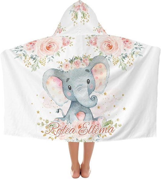 Girl Elephant Floral Personalized Kids Hooded Towel with Name Soft Absorbent Beach Pool Bath Towels Hood Poncho for Boys Girls