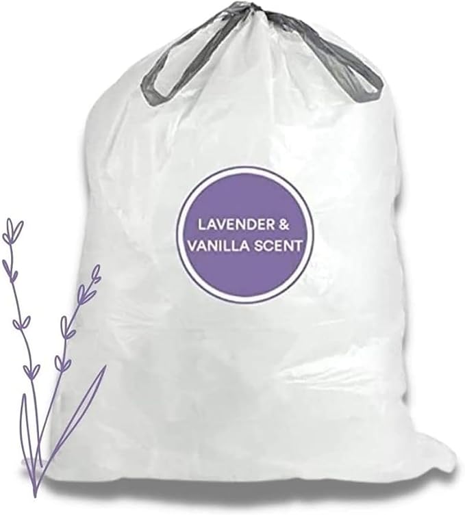 Plasticplace White Drawstring Lavender and Soft Vanilla Scented Garbage Can Liners, Compatible with Code H (200 Count), 8-9 Gallon / 30-35 Liter, 18.5" x 28