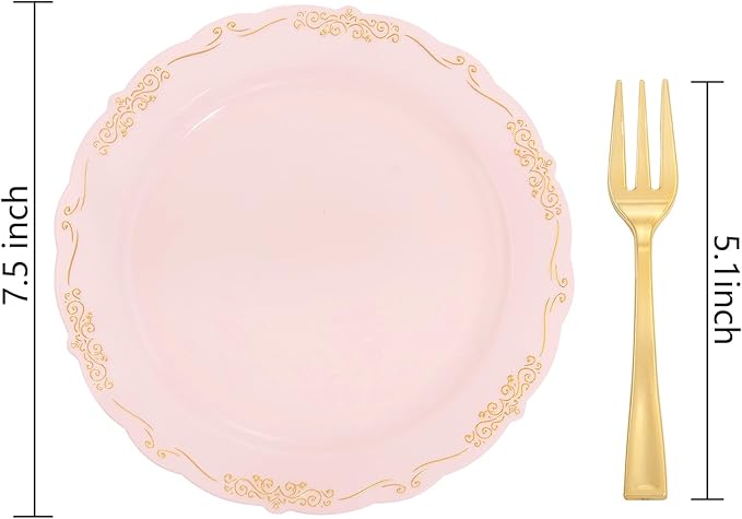 LIYH 100 Pcs Pink Gold Dessert Plates - 100 Pcs Gold Plastic Forks,Cake Plates Disposable with Forks,Appetizer Plates,Bridal Shower Party Plates for Birthday Wedding Party Mothers Day