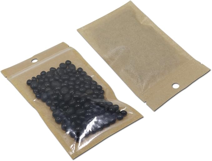 FERENLI 100Pcs 3.53x5.92 inch Small Clear Brown Kraft Paper Plastic for Zip Reclosable Bag Lock Flat Heat Sealable Smell Proof Packaging Bags Zipper Lock Coffee Plastic Bags (9x15cm)