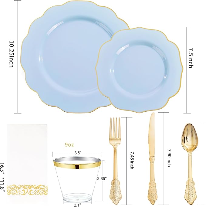 NOCCUR 175PCS Blue Plastic Plates with Gold Disposable Silverware - Include 50 Light Blue and Gold Plastic Plates,25 Knives,25 Forks,25 Spoons,25 Cups and 25 Napkins - Easter Day/Spring Party