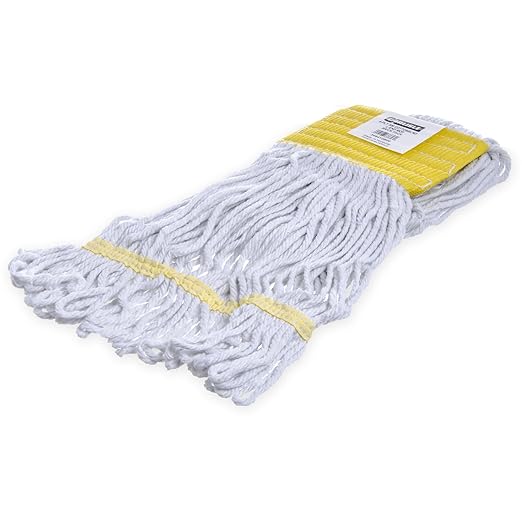 SPARTA Flo-Pac Cotton Mop Head, Loop-Ended, Wide Band with 5" Yellow Band for Organized Cleaning, Small, White, (Pack of 12)