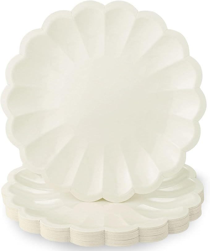 NatNarr 30 Pcs Ivory Paper Plates 9.5 In Scalloped Party Plates Disposable Heavy Duty Dinner Plates with Shell Edge Cream Plate for Wedding Baby Shower Birthday Party