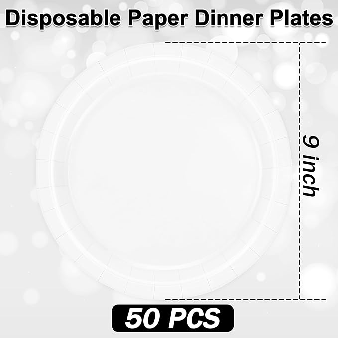 QZYL 50 Round White Party Plates Pack, 9 Inch Disposable Paper Plates for Daily Meals, Picnics, Camping, Birthdays, Weddings, Christmas