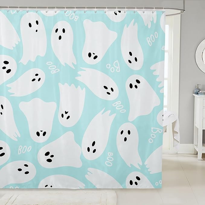 Cute Cartoon Ghost Style Fabric Shower Curtain,Teal Blue White Shower Curtain for Bathroom,Kids Skull Ghost Waterproof Shower Curtain 78 Inch Long