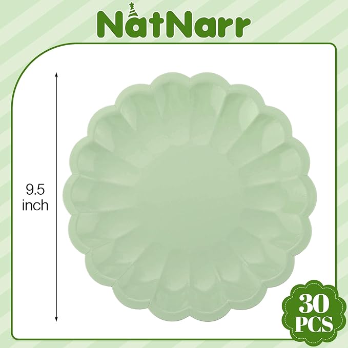 NatNarr 30 Pcs Sage Green Paper Plates 9.5 In Green Plates Disposable Heavy Duty Scalloped Party Plate with Shell Edge for Wedding Birthday Bridal Shower Baby Shower