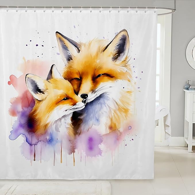 Feelyou Cute Fox Bathroom Shower Curtain Set Cartoon Fox Shower Curtain 3D Animal Theme Bath Curtain for Stalls Bathtubs Nature Microfiber Waterproof Bathroom Curtains Room Decor 72x72 Inch