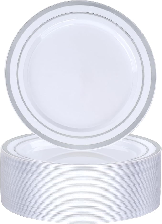BESTVIP 50PCS 7 Inch Silver Plastic Plates, Disposable Salad Dessert Plate with Silver Rim, Heavy Duty Disposable Plastic Plates for Parties, Wedding and Birthday, Events