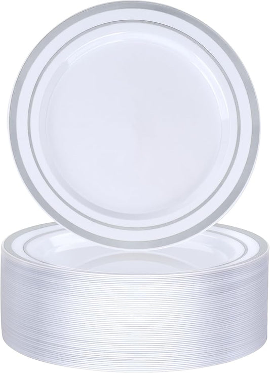 BESTVIP 50PCS 7 Inch Silver Plastic Plates, Disposable Salad Dessert Plate with Silver Rim, Heavy Duty Disposable Plastic Plates for Parties, Wedding and Birthday, Events