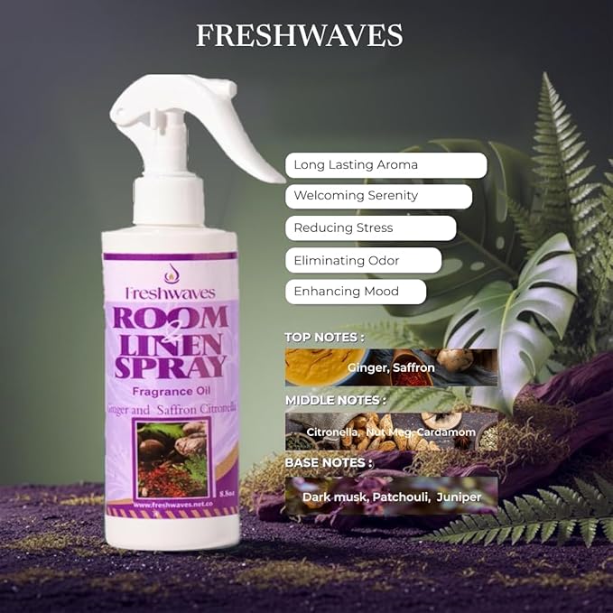 Freshwaves Ginger & Saffron Citronella | Air Freshener Spray | Room Odor Eliminator | Home Fragrance Spray for Living Room | Bedroom | Restroom & Office | 8.8oz