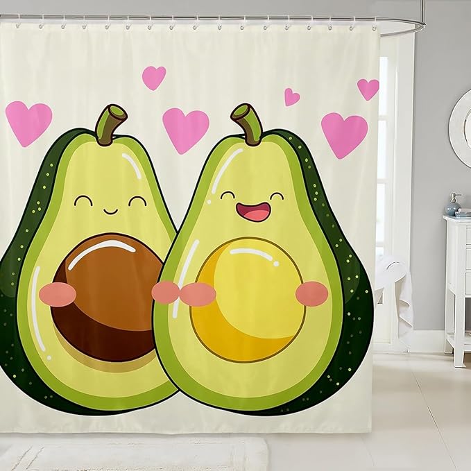 Manfei Kids Kawaii Fruit Shower Curtains Cute Avocado Couple Bathroom Curtains for Boy Girls Room Decor, Pink Hearts Print Waterproof Bath Curtains with 12 Hooks Suits for Bathtub, 72" W x 78" L