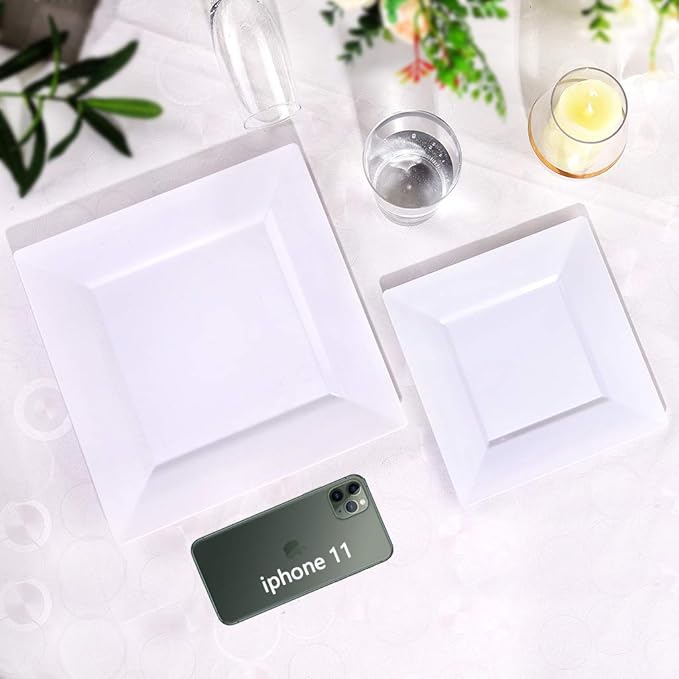 bUCLA 60Pieces White Plastic Plates – 7inch White Square Plates- Premium Disposable for Party & Wedding
