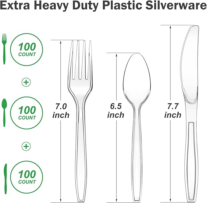 Dealusy 300 Count Extra Heavy Duty Clear Plastic Silverware, 100 Forks, 100 Spoons, 100 Knives, BPA-Free, Heat Resistant, Disposable Plastic Utensils Set, Plastic Cutlery Set, Plasticware Bulk