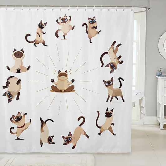 Feelyou Yoga Cat Bath Curtain Siamese Cats Shower Curtain for Stalls Bathtubs Cute Pet Decor Cartoon Animals Bathroom Shower Curtain Set Magical Animal Waterproof Bathroom Curtains 72Wx78L