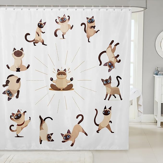 Feelyou Yoga Cat Bath Curtain Siamese Cats Shower Curtain for Stalls Bathtubs Cute Pet Decor Cartoon Animals Bathroom Shower Curtain Set Magical Animal Waterproof Bathroom Curtains 72Wx72L