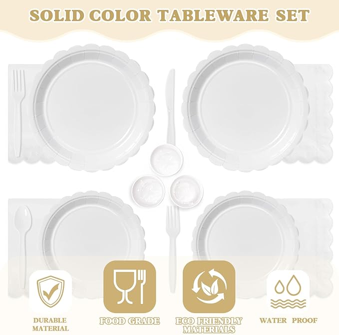 Vyntra 175 Pcs White Disposable Paper Plates and Napkins Set for 25, 9" Dinner Plates & 7" Dessert Plates, Tableware for Wedding, Bridal Shower, Birthday, Party
