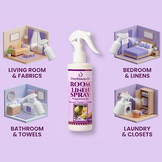 Freshwaves Room & Linen Spray | Pear & Thyme Citronella Fragrance Oil | 8.8oz Air Freshener | Odor Eliminator | Room Spray for Living Room | Bedroom | Restroom & Office | White Trigger Bottle