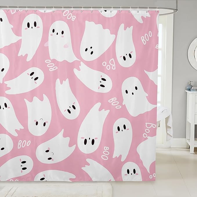 Castle Fairy Happy Halloween Shower Curtain,Cartoon Ghost Pink White Bath Curtain for Kids Bathroom Decor,Watercolor Print Waterproof Shower Curtain 72" Wx84 L
