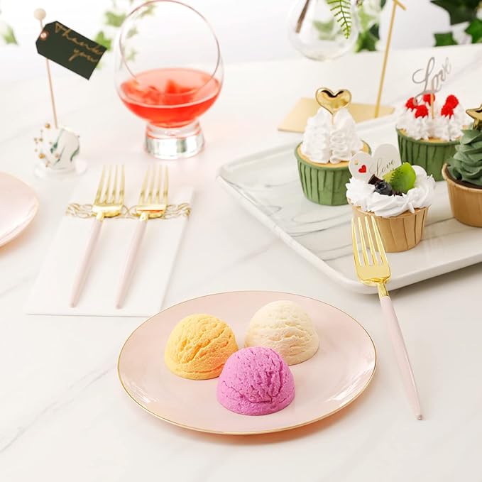 LIYH 96 Pcs Pink and Gold Disposable Plastic Dessert Plates and Forks Set - 7.5" Plastic Appetizer Plates & 9" Gold Cake Forks for Tea Parties, Birthdays, Baby Shower 48 Guests