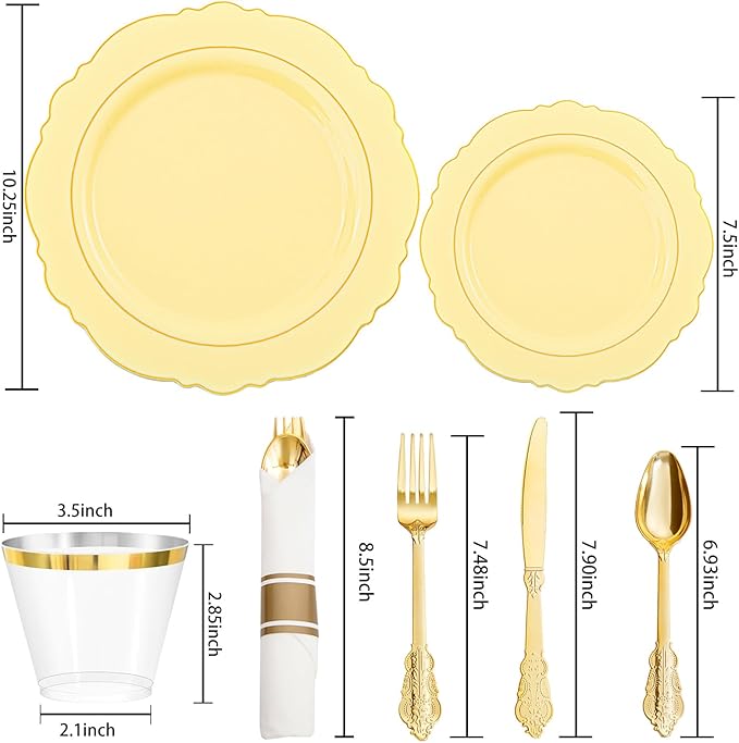 Liacere 350PCS Yellow Plates - Yellow Disposable Plastic Plates With Gold Rim-50Guest Plastic Dinnerware include 100 Plates,50 Pack Pre Rolled Napkins with Silverware 50Cups for Wedding＆Mother's Day