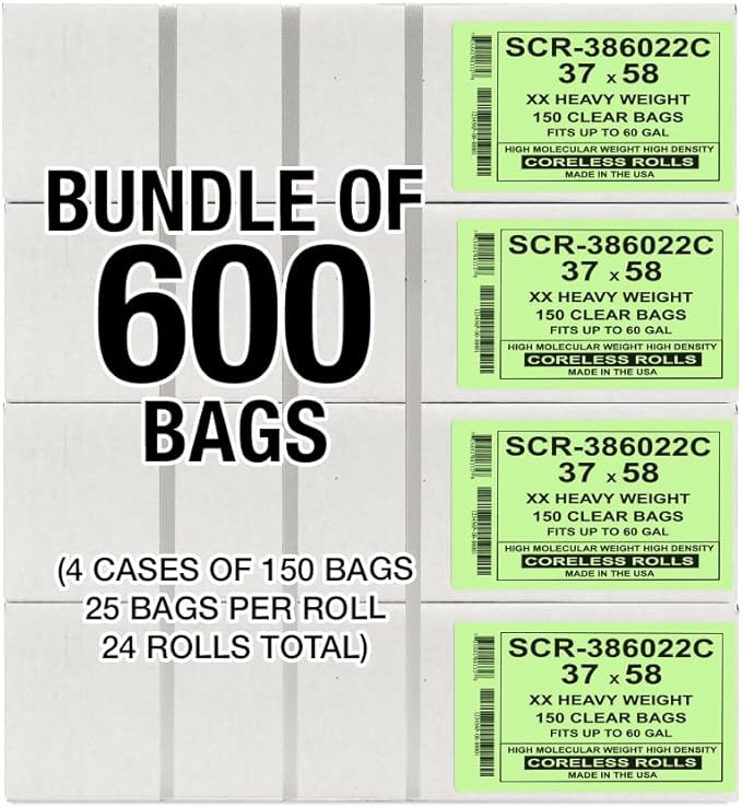 Aluf Plastics 55-60 Gallon Trash Bags Source Reduction Series Value High Density 22 Micron Gauge (equiv) - Intended for Home, Office, Bathroom, Paper, Styrofoam (Pack of 600)