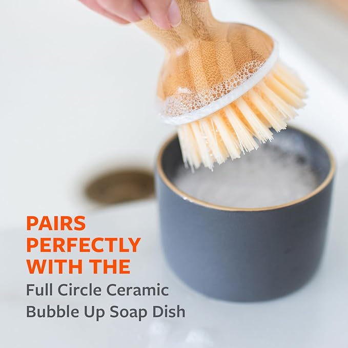 Full Circle Bubble Up Bamboo Dish Brush–Family Safe, Formaldehyde-Free–Ergonomic Palm Scrubber with Handle for Kitchen Cleaning,Dish Scrub Brush for Nonstick,Cast Iron & Sink,White,2Pk
