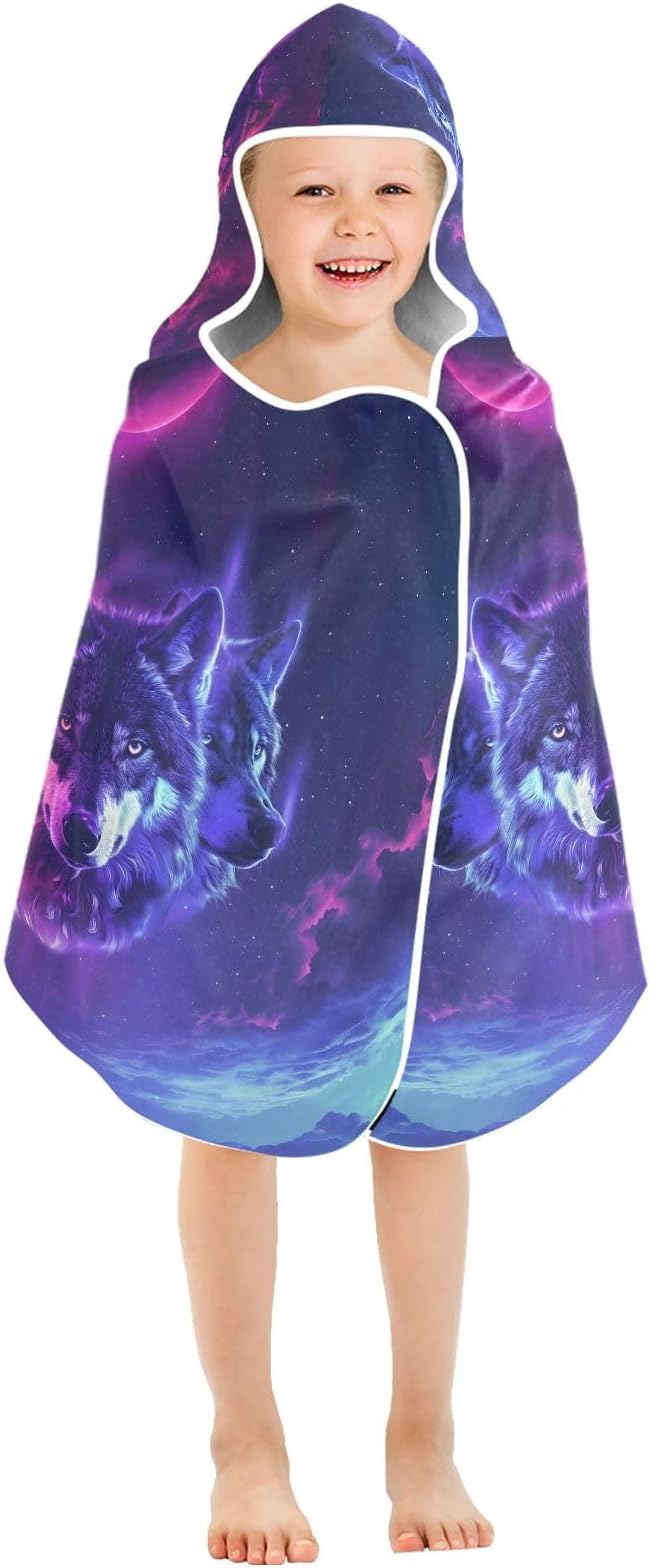 Hooded Towel for Kids Neon Wolves with Sharp Eyes Beach Wrap Bath Towels 50x23.5in