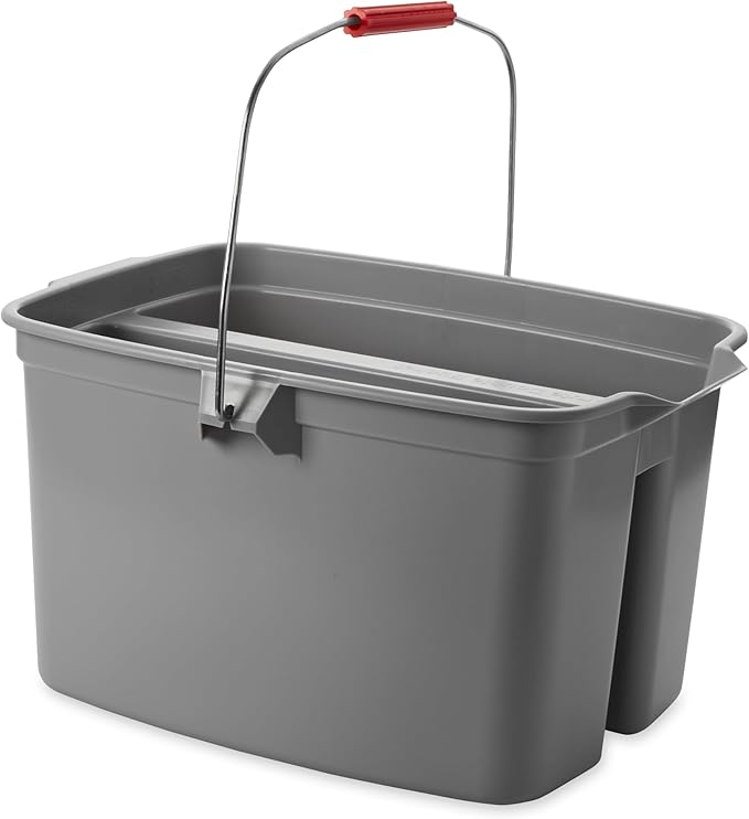 Rubbermaid Commercial Products Double Pail Plastic Bucket for Cleaning Easy to Carry 19 Quart Gray Cleaning Caddy Supplies Organizer with Handle for Bathroom/Kitchen