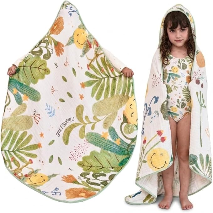 SMILEYWORLD Kids Hooded Beach Towels Poncho, 45" x 45" Large Oversized Bath Towels, 100% Cotton Toddlers Swimming Pool Towels, Absorbent Six-Layer Gauze Quick Dry Wrap for Boys Girls (Jungle Pattern)