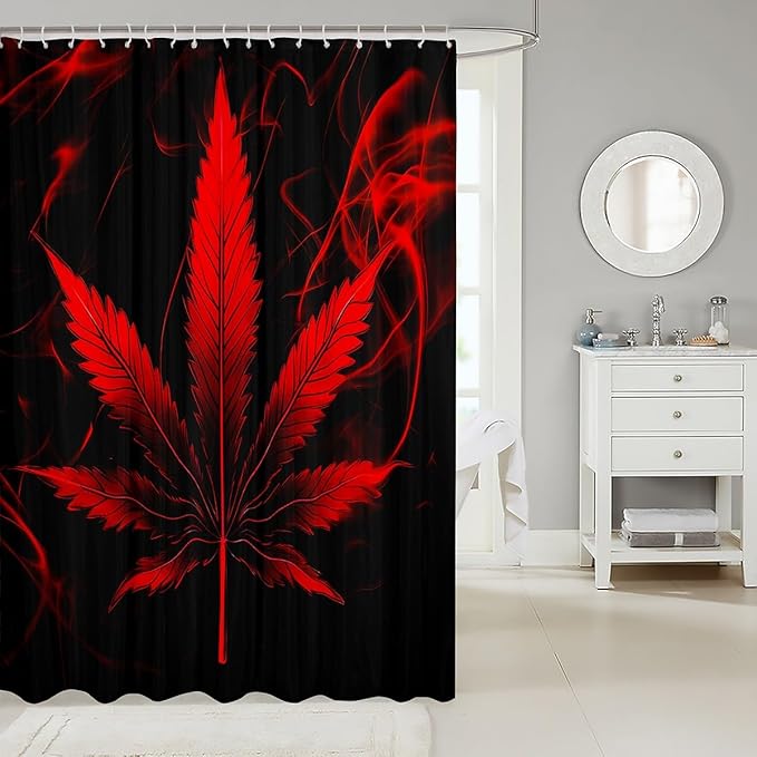 Red Marijuana Leaf Shower Curtain for Kids Boys Girls Teens Peace Art Shower Curtain with Hooks Red and Black Theme Polyester Bathroom Curtains Set 72Wx78L Waterproof