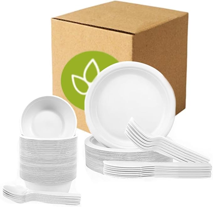 250 PCS Compostable Paper Plates and Utensils Set (EXTRA LONG), White Microwaveable Compostable Dinnerware Set, Disposable Plates, Bowls & Cutlery Includes Forks, Knives & Spoons, 50 Sets Each