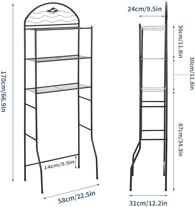 3 Tier Bathroom Over Toilet Storage Organizer Rack, Over the Toilet Storage, Space Saver Wrought Metal Bathroom Shelves, Freestanding Bathrooms Shelf for Restroom Laundry Balcony