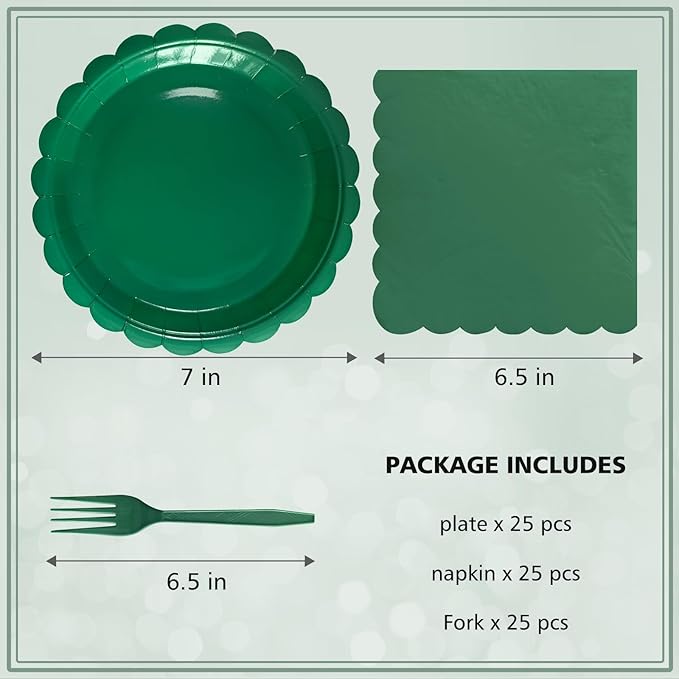 Dark Green Paper Plates and Napkins,7 Inch Dark Green Scalloped Disposable Dessert Plates Paper Napkin Fork Party Supplies for Wedding Baby Shower Birthday(25 Guest)