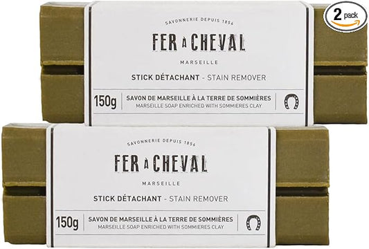 Fer à Cheval Marseille Soap Stain Remover Stick 2 Pack - Natural, Hypoallergenic, Travel-Sized Laundry Solution, 150g/5.29oz (Stick with Sommières Clay)