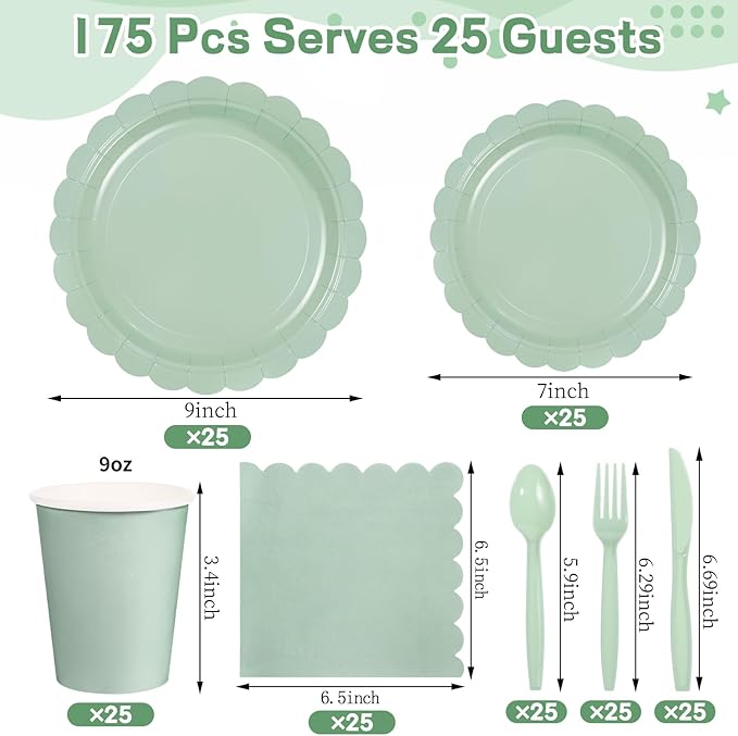 175 Pcs Party Plates and Cups and Napkins Sets, 9" Paper Plates, 7" Dessert Plate, 9oz Cups & Cutlery, 25 Guest Scalloped Sage Green Party Supplies for Wedding, Bridal Baby Shower, Birthday