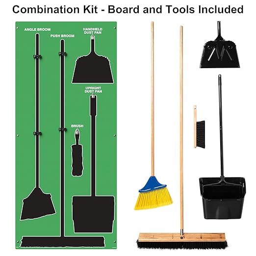 Clean & Sweep 5S Shadow Board/Wall Mount Broom Holder, 68" x 30" Board, 5S Cleaning Station - with Broom and Dustpan Set Included, Made in The USA by AccuformNMC, Green/Black, PSB616GNBK