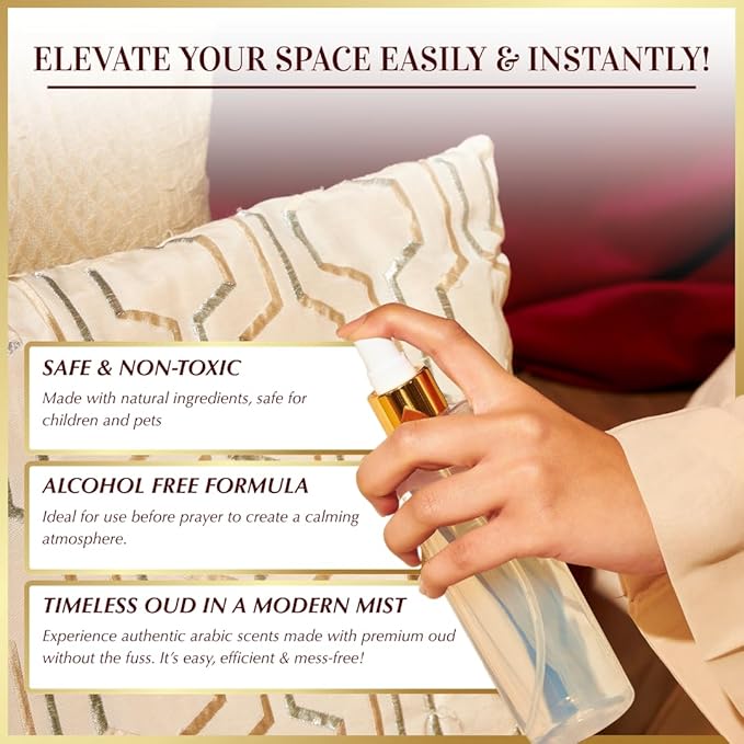 Oud al Awatef Arabic Room Spray by Dukhni | 250ml Oud fragrance Air Freshener, Attar al Faraash for home & prayer mats | Bed linen, Sofa Mist, natural home scent, curtain spray, odour eliminator