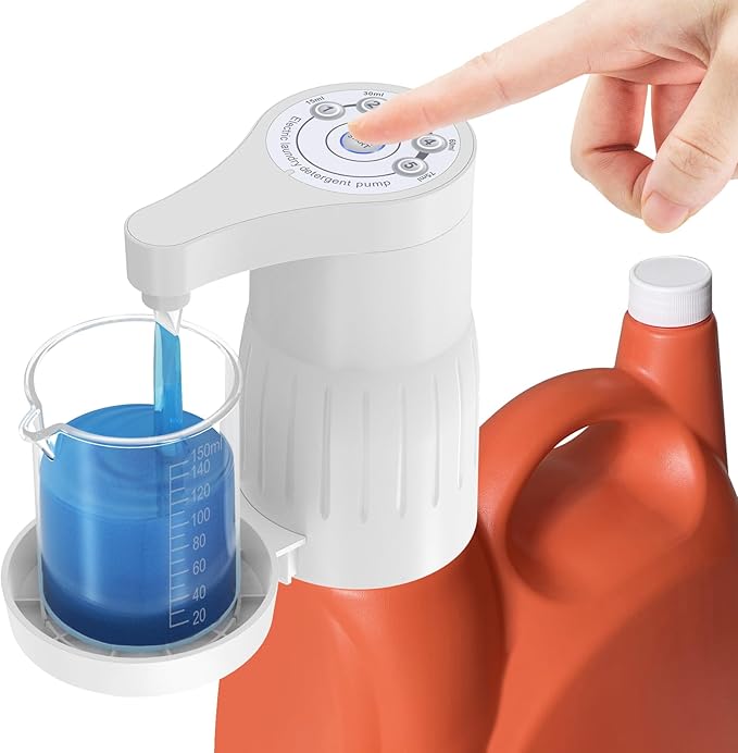 【IMPORTANT! Measure First】Electric Laundry Detergent Pump - Reusable Laundry Detergent Dispenser with Graduated Cup for Liquid Detergent, USB Rechargeable, Ideal for Laundry Room Organization (White)