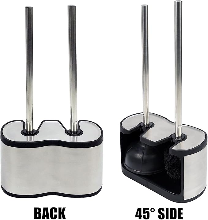 Casaphoria Stainless Steel Toilet Bowl Brush with Holder and Plunger Set, Freestanding Canister for Bathroom, 2 in 1 Hideaway Holder Heavy Duty Unclogger Plunger