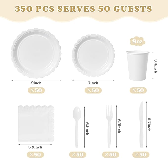 Vyntra 350 Pcs White Disposable Paper Plates and Napkins Set for 50, 9" Dinner Plates & 7" Dessert Plates, Tableware for Wedding, Bridal Shower, Birthday, Party