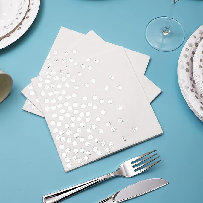 Silver Paper Plates and Napkins Party Supplies, White and Silver Plates Serve 24, 168Pcs Silver Party Decorations for Wedding Bachelorette First Communion Graduation Party